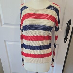 Coincidence & Chance Red White Blue Striped Open Knit Cotton Sweater‎ Womens Med